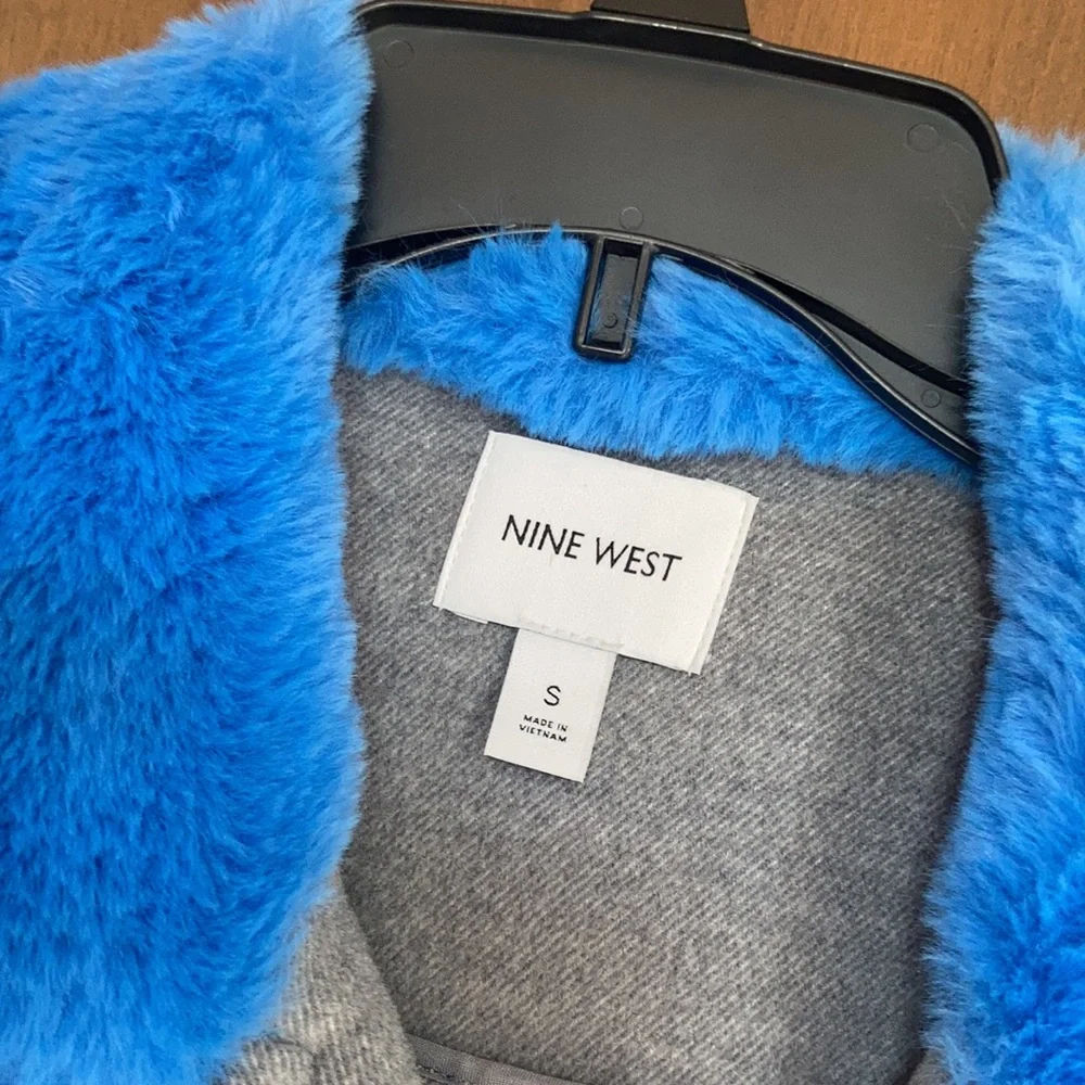 Nine West coat faux fur collar blue collar gray coat moto like style S - Picture 7 of 17